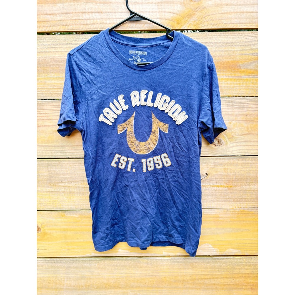 True Religion Mens Navy Blue Horseshoe Graphic Logo T-Shirt Size Small S/P